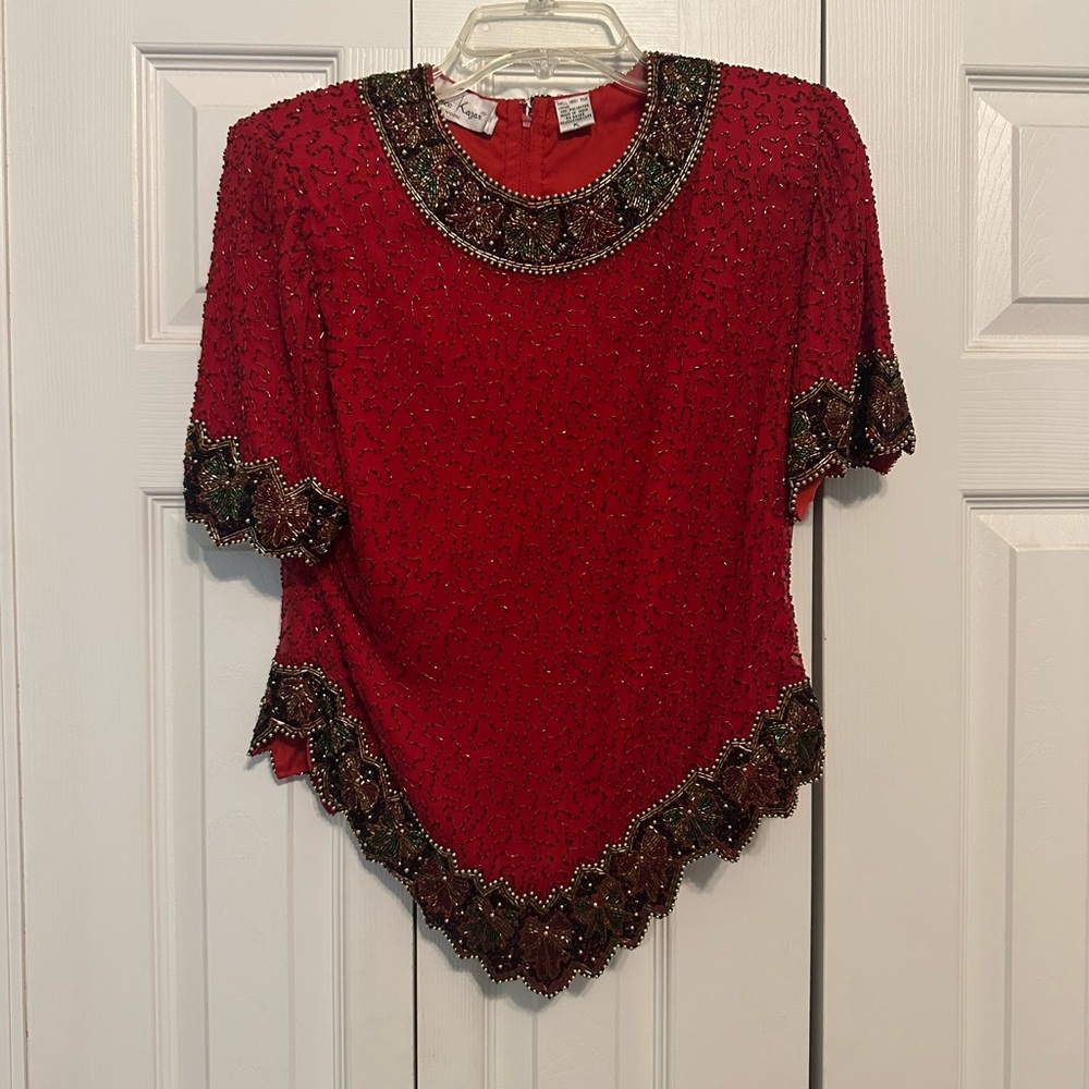 Vintage Red Beaded Top with Embellished Neckline